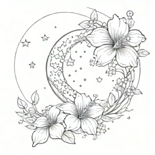 Cresent Moon With Hibiscus And Daisy Flowers Minimal With Sparkles Dangling Down
