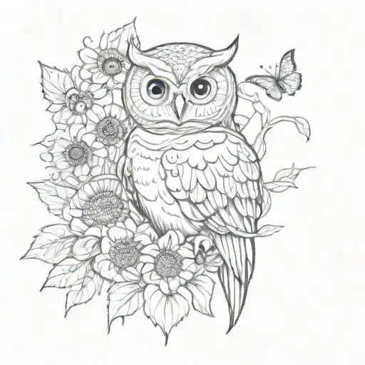 Owl With Sunflowers And Butterfly