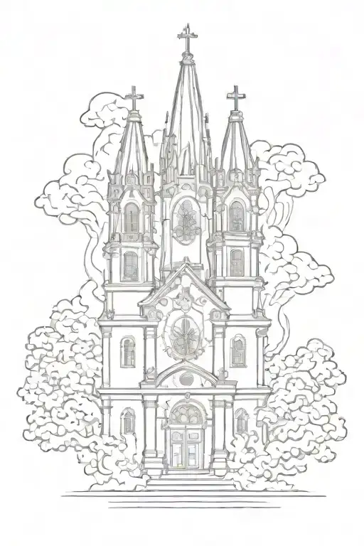 Catholic Church Burning In Fire Style Drawn Only Lines