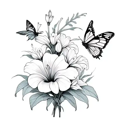 Lilies Blooming And Hibiscus Flowers With Butterflies And Something The Means Growth And Healing