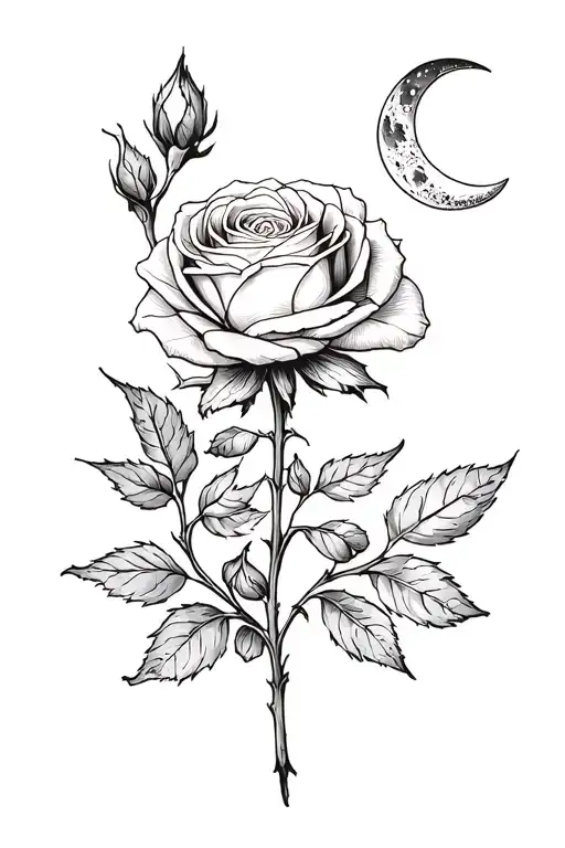 Laurier Rose On Stem With Leaves And Moon Crescent