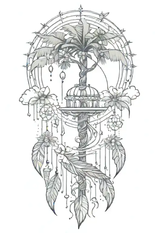 Rainbow Dream Catch With Palm Tree And Lotus Flowers