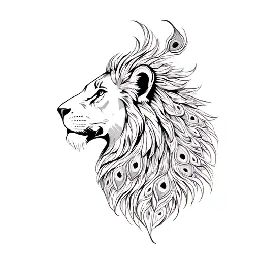 A Majestic Lion Whose Mane Is Made Of Peacock Feathers