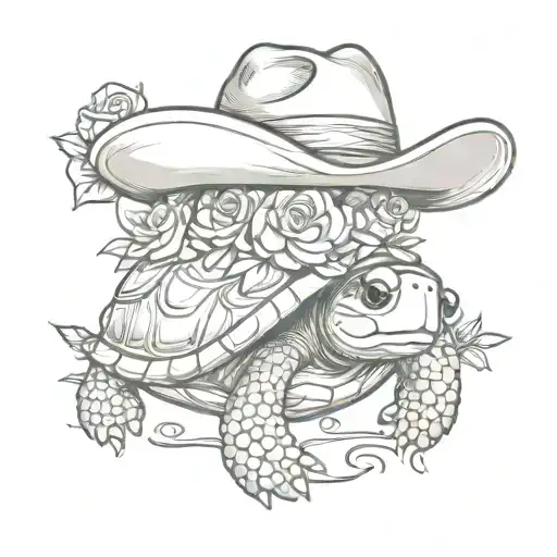 Cute Turtle Wearing A Cowboy Hat With Rose In Mouth