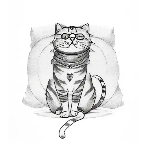 Handpoke Tattoo Sketch Cat Minimalistic With Wine In Hand