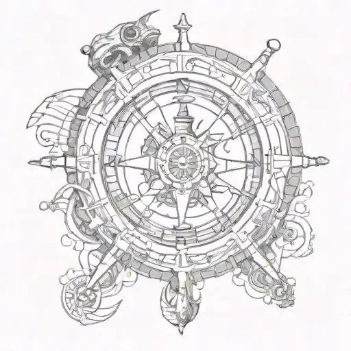 Big Nautical Wheel With A Siren On One Side And A Ship On The Other Side