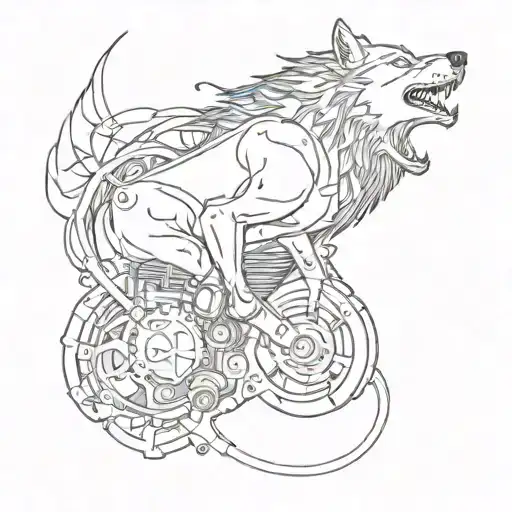 A Motorcycle Engine Intertwined With A Wolf Howling At The Moon