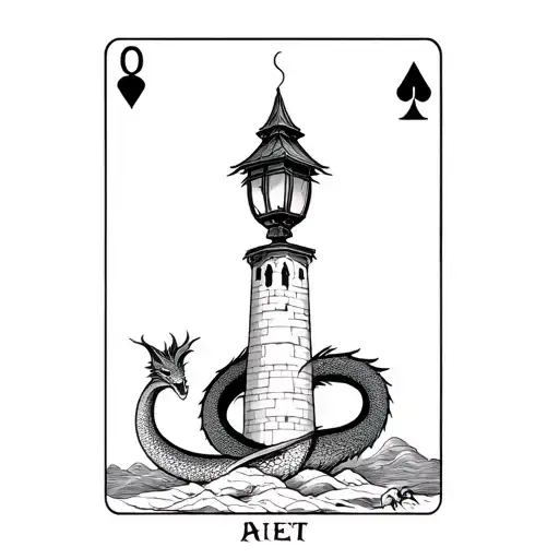 A Dragon Curled Around A Tower That Looks Like A Lantern Representing The Tarot Card The Tower