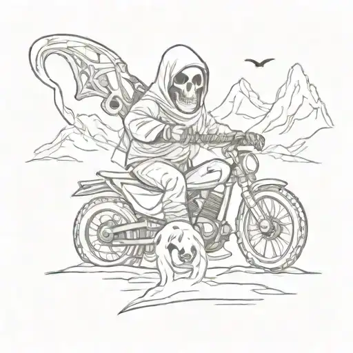 Design A Grim Reaper Holding A Mountain Bike And A Snowmobile In Each Hand