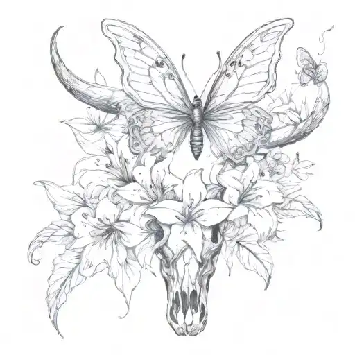 Lilies And Butterflies And Bull Skull