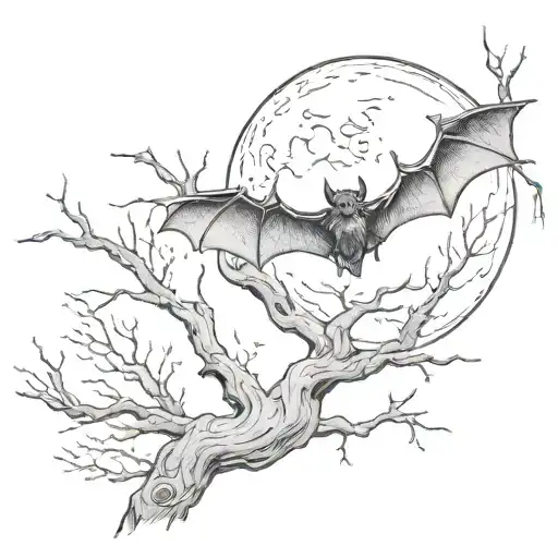 Close Up Of A Bat Hanging Upside Down Off A Spooky Tree In A Graveyard At Night Time With Full Moon