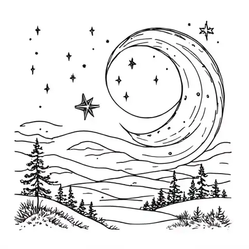 Fine Line Nature Scene At Night With North Star And Crescent Moon