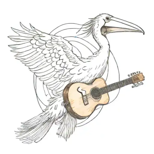 A Watercolor-inspired Design Featuring A Pelican Playing A Guitar On A Beach