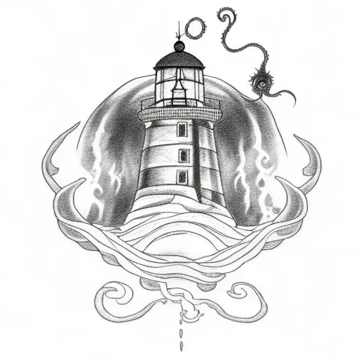 Black Ink Lighthouse Tattoo With Cthulhu's Head In Stormclous That Are In The Background