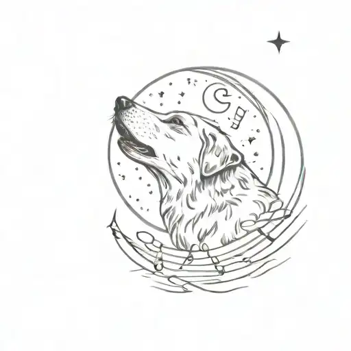 A Sketch-style Tattoo Of A Dog Howling At The Moon With Musical Notes Floating Around