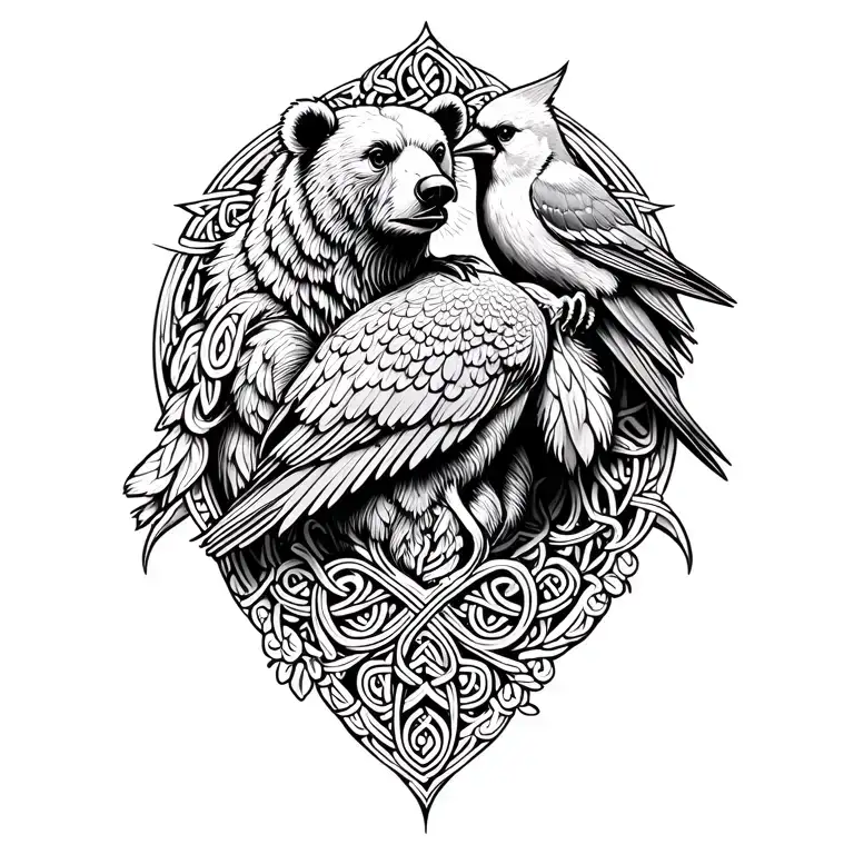 Celtic Bear With Cardinal Sitting On Shoulder