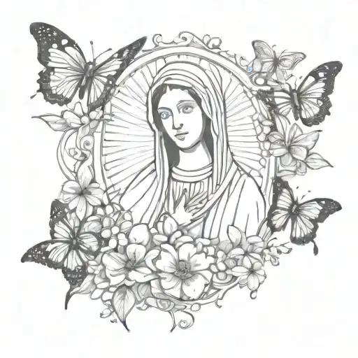 A Tattoo Of The Virgin Mary Surrounded By Butterflies And Flowers