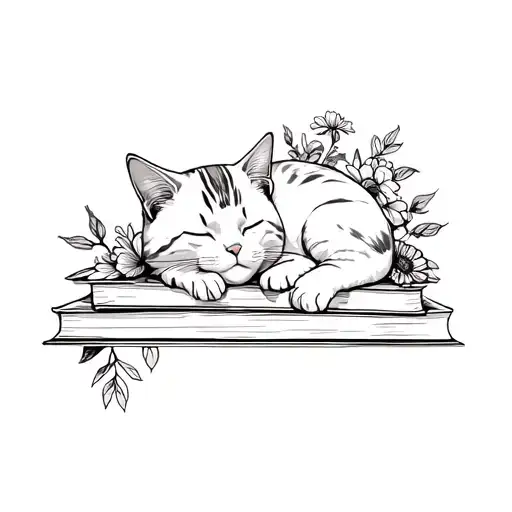 Sleeping Cat On Books With Flowers