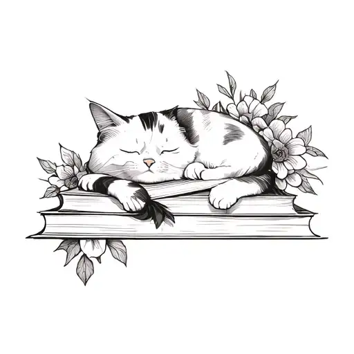 Sleeping Cat On Books With Flowers