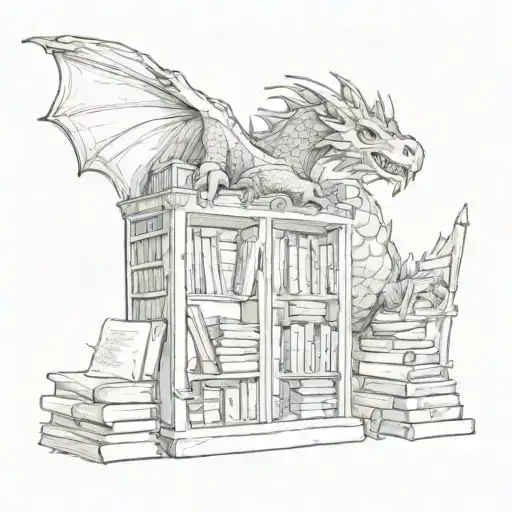 A Bookshelf Filled With Books And A Dragon Curled Around It