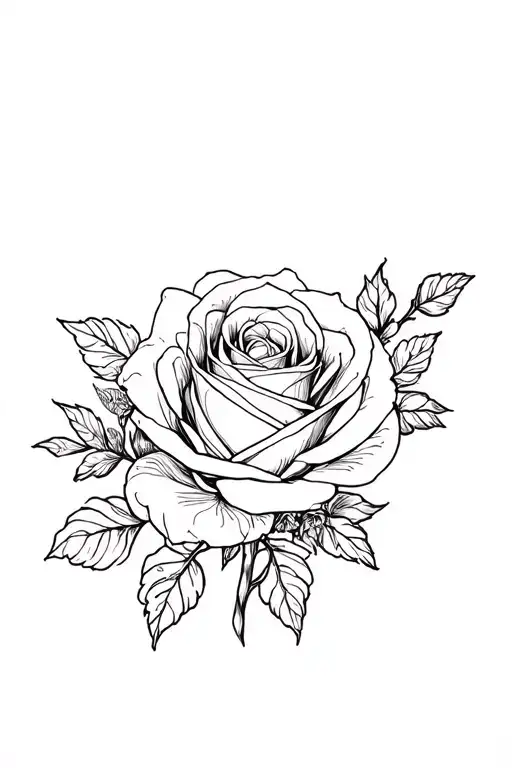Full Black Rose In Black Ink With Some Flowers In The Sides In White Ink