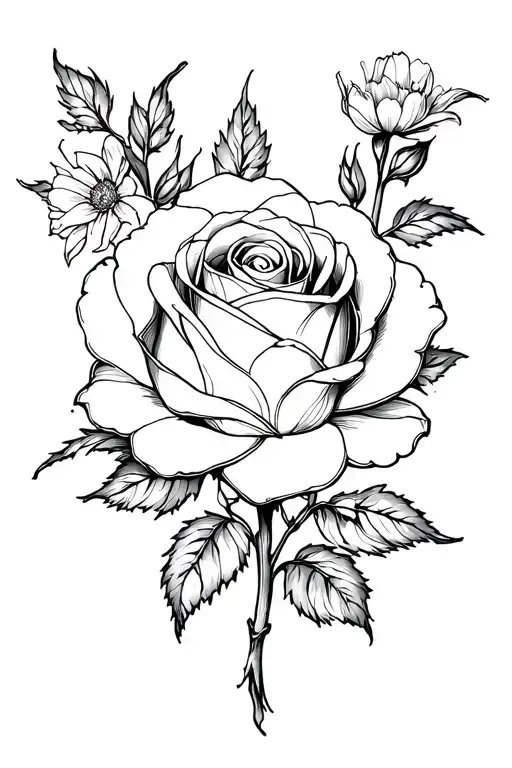 Full Rose In Black Ink With Some Flowers In The Sides In White Ink