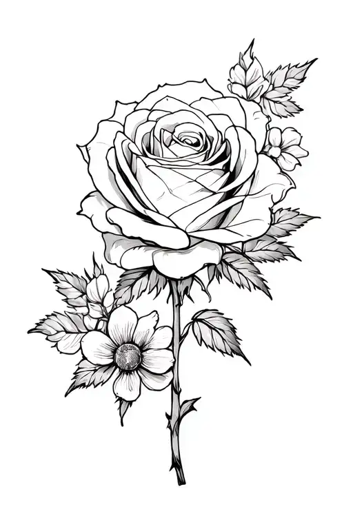 Full Rose In Black Ink With Some Flowers In The Sides In White Ink