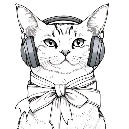 Realism Cat Wearing Headphones With Ribbon Wrapped