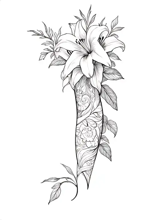 Floral Tatoo That Wraps Around My Leg With Lily's And Rimu Leaves