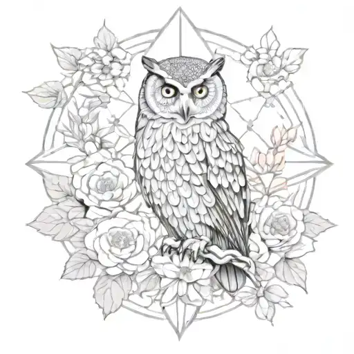 Ultra Realistic Owl Between Flowers Blooming Black And Grey Mandela Flower Of Life