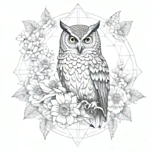 Ultra Realistic Owl Between Flowers Blooming Black And Grey Mandela Flower Of Life
