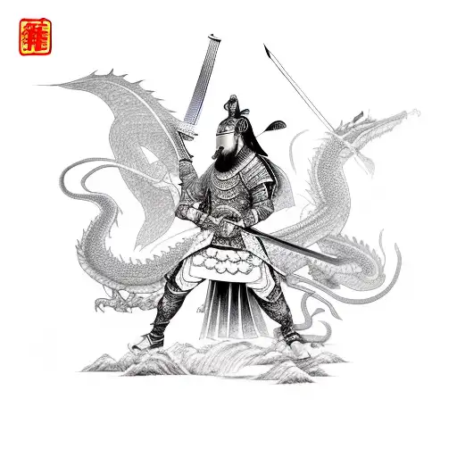 Beautiful Chinese Warrior With Sword Covering Half Of Face With Dragon In Background