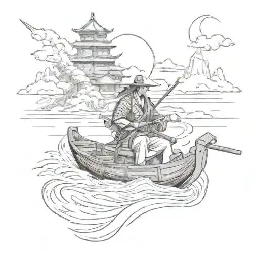 Samurai On Boat Sailing Towards Temple Nestled