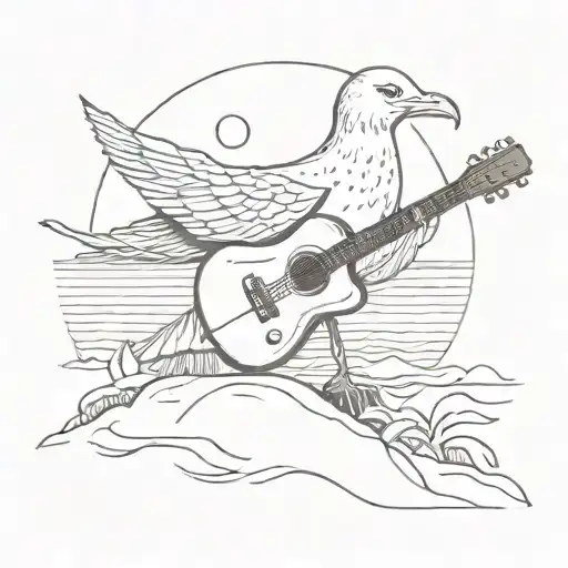Seagull Playing Guitar On The Beach With The Sun Setting