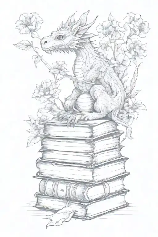 Stacked Books Surrounded By Wildflowers Growing And A Baby Dragon Intertwined