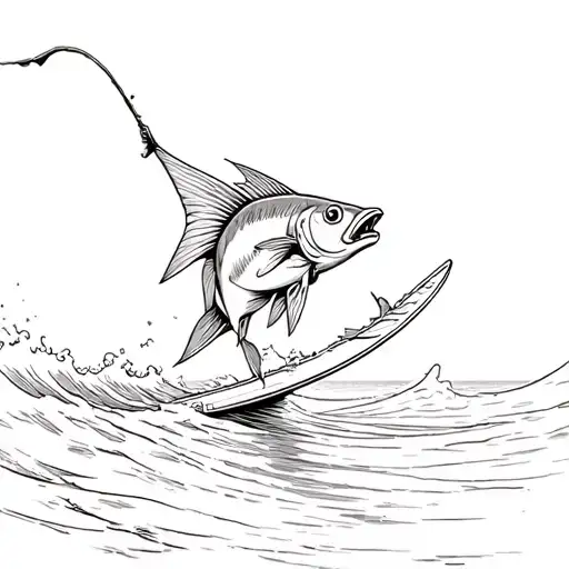 Catching A Fish While Surfing Waves Crashing In The Background