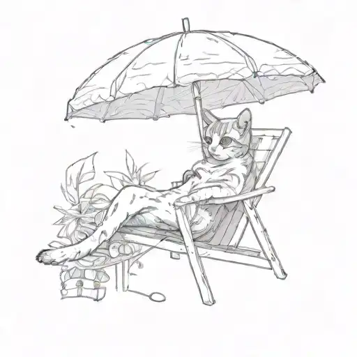 A Cat Lounging On A Beach Chair Under A Sun Umbrella