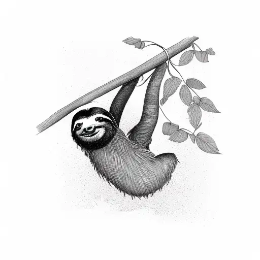 Sloth Hanging From A Tree And Reaching A Weed Plant