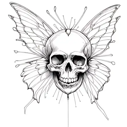Skull In The Middle With Butterfly Wings And Light Lines