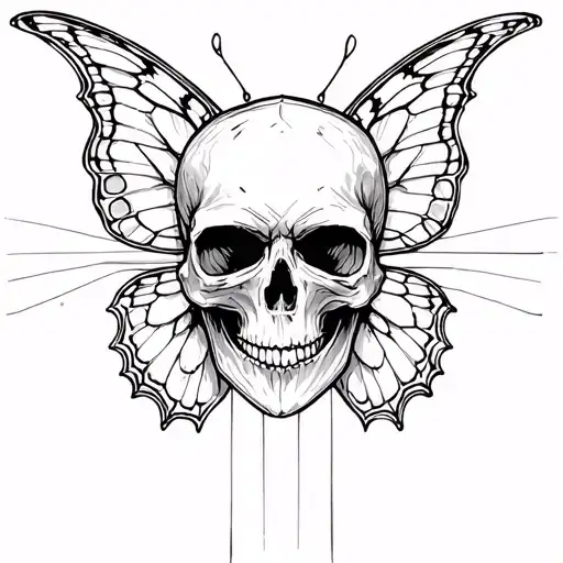 Skull In The Middle With Butterfly Wings And Light Lines