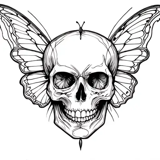 Skull In The Middle With Butterfly Wings And Light Lines