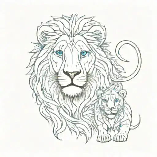 Giametric Line Design With A Male Lion With Blue Eyes And 2 Cubs