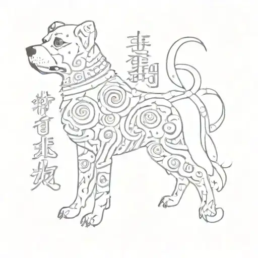 A Tattoo Of A Dog Surrounded By Colorful Asian Language Characters