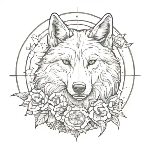 A Wolf's Head With A Narcissus Flower Crown And A Full Moon As A Compass Behind It