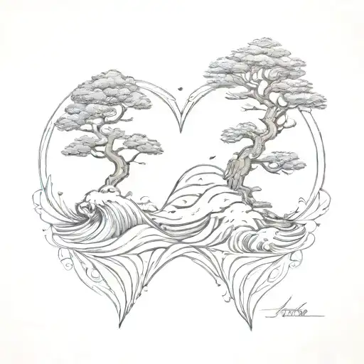2 Hearts And Wave And Pine Tree