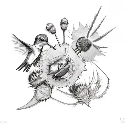 A Bouquet Of Thistle And Blackthorn With A Cow Skull And A Hummingbird