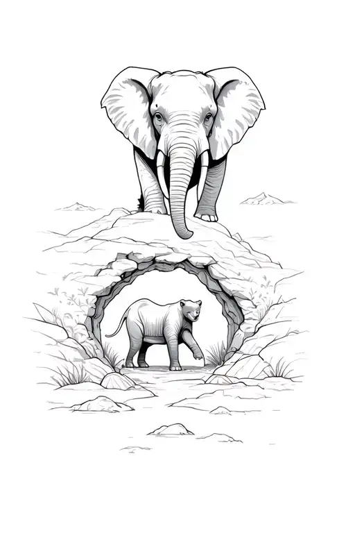 An Elephant Mapped And A Puma Underneath Which Crawls Into A Cave