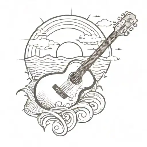 A Sketch-style Tattoo Of A Sun Setting Over The Ocean With A Guitar Silhouette In The Foreground