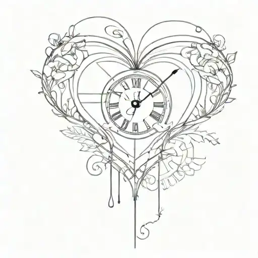 A Minimalist Tattoo Of A Heart-shaped Clock Face With Hands Pointing Towards 'Love' And 'Inevitable'