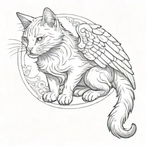 A Cat With One Raised Paw Lies Down He Has Beautiful Wings Two Horns Three Eyes